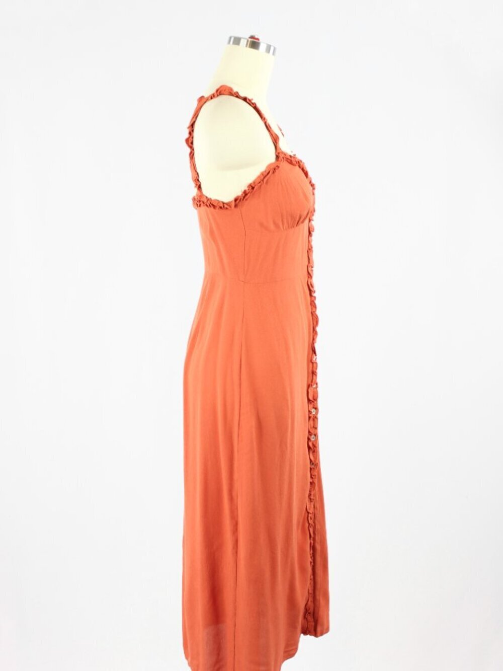 Aritzia WILFRED Heartthrob Sinopia Orange Crepe Ruffle Trim Midi Dress, Size 2 - Picture 2 of 15